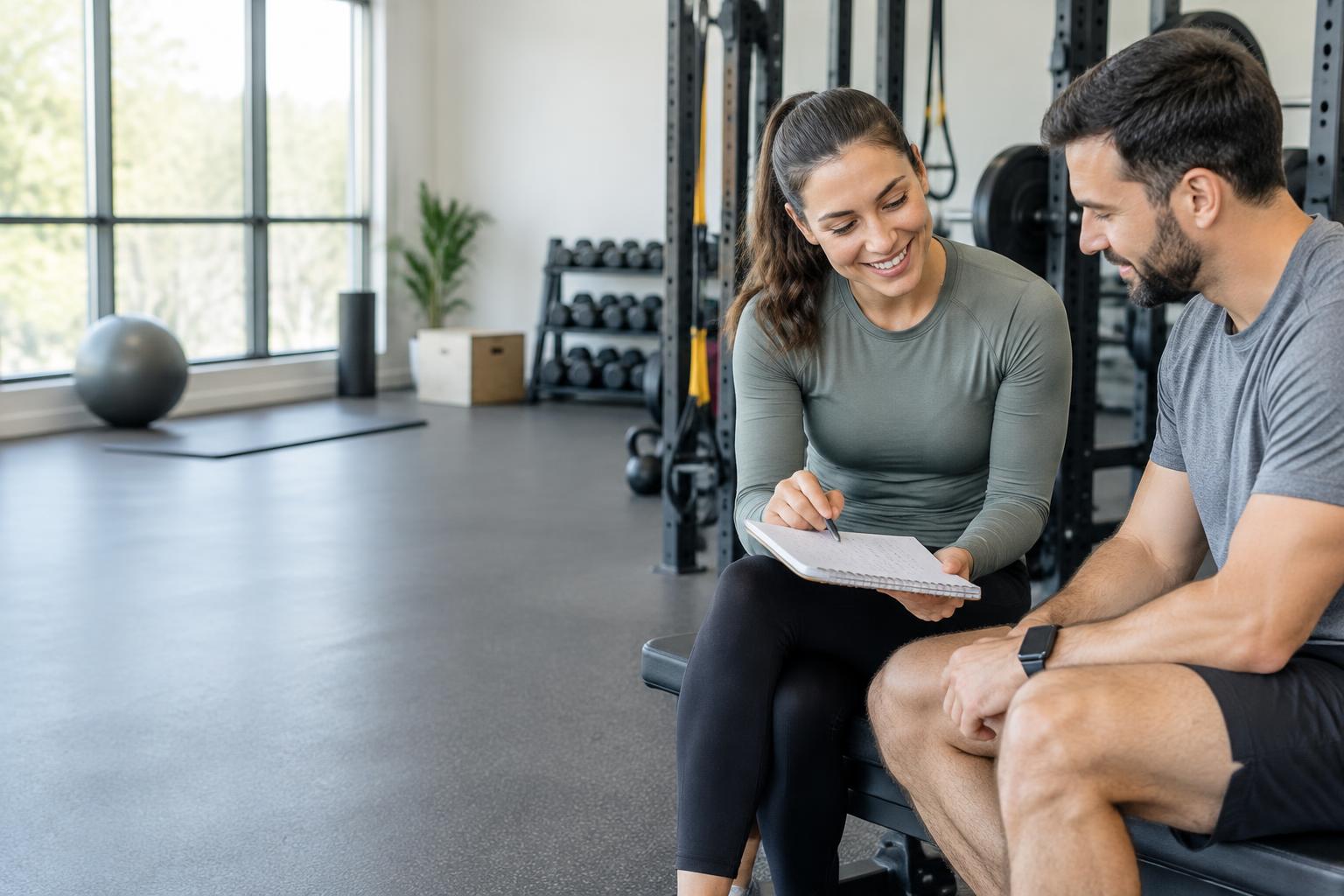 A coach reviewing progress notes with a client in a gym